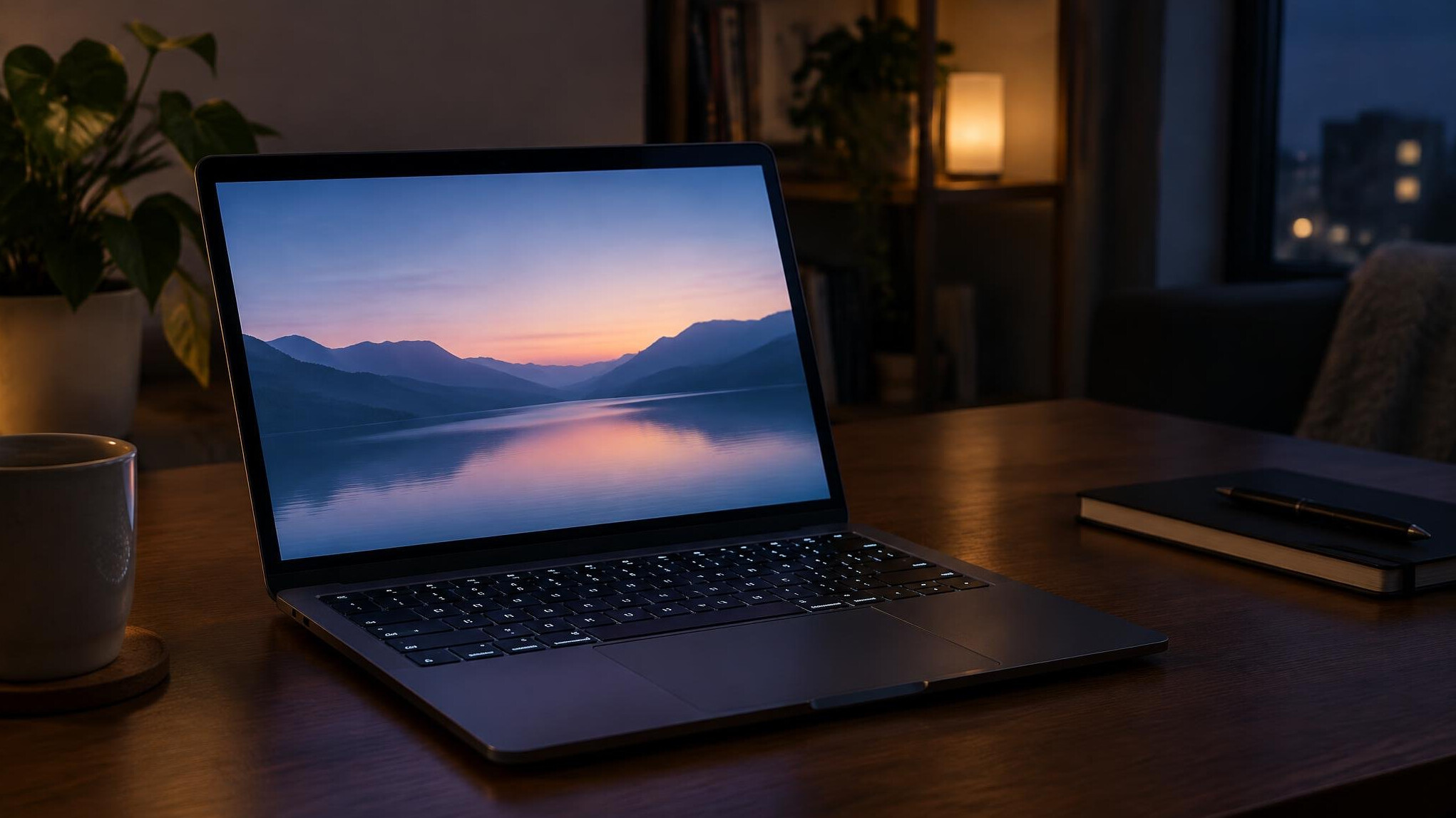Laptop keyboard and glowing screen in a dim room