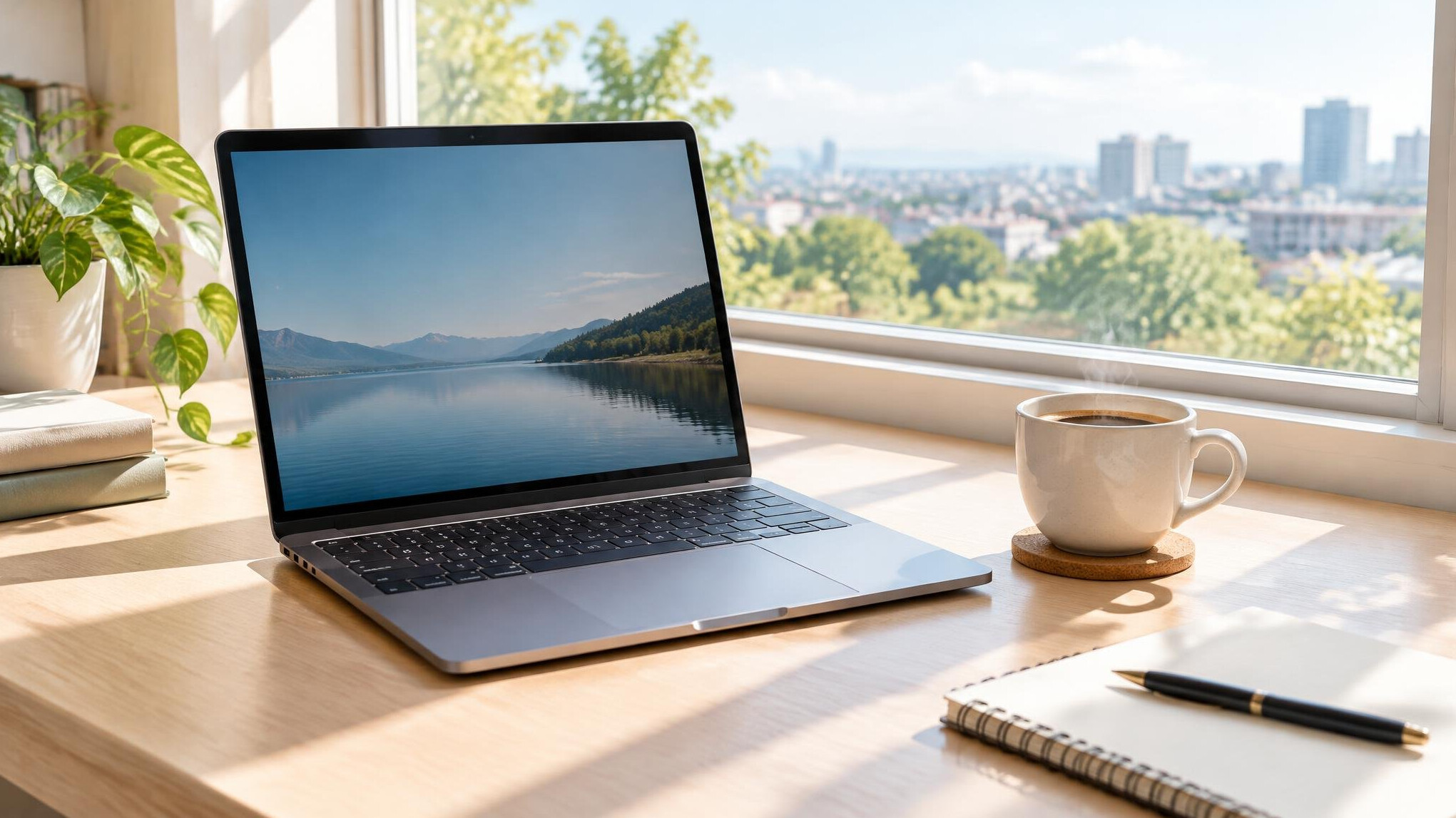 Laptop and coffee on a desk in a bright room