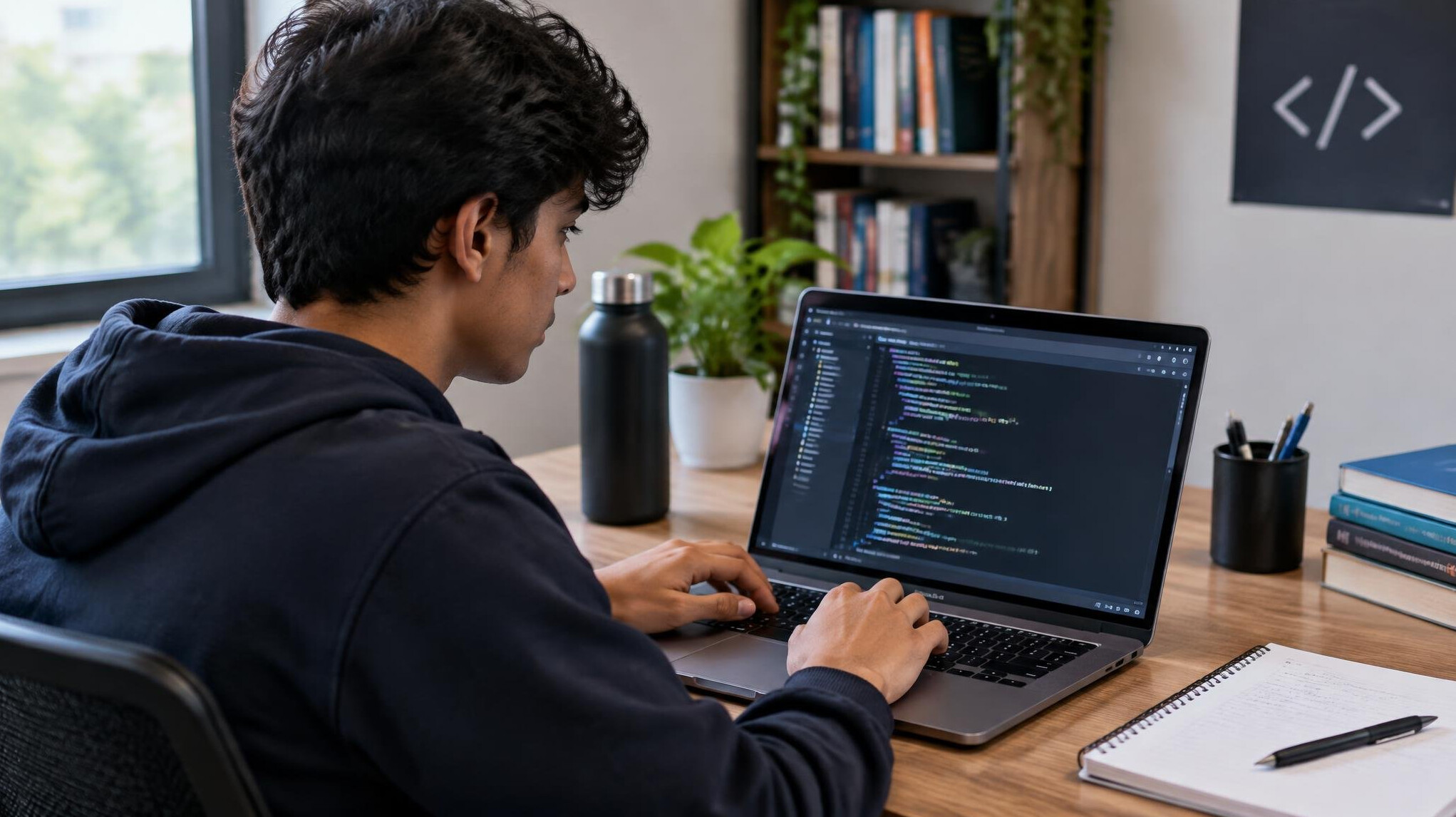 young man coding on laptop