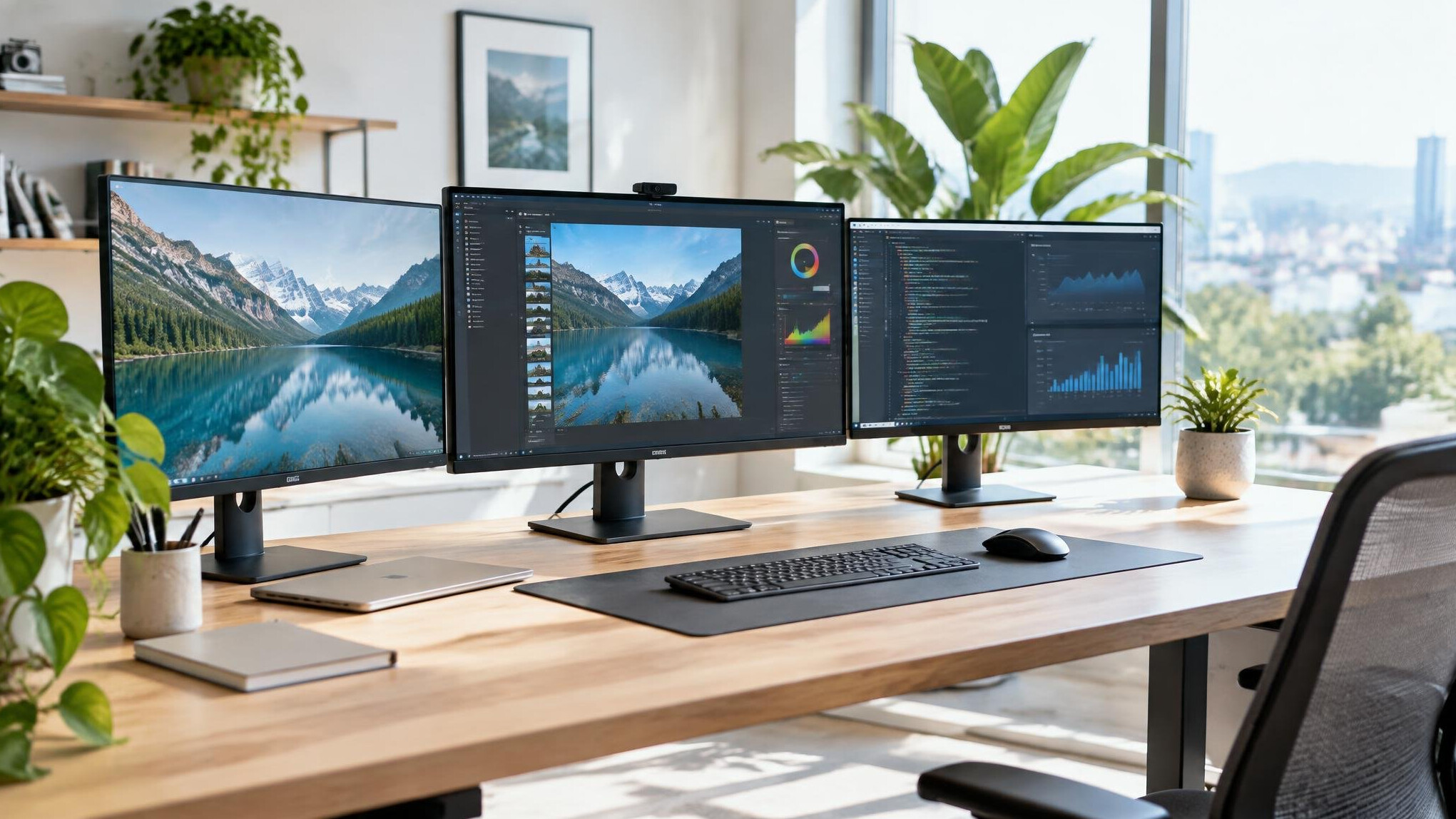 Computer monitors on a desk in a bright workspace
